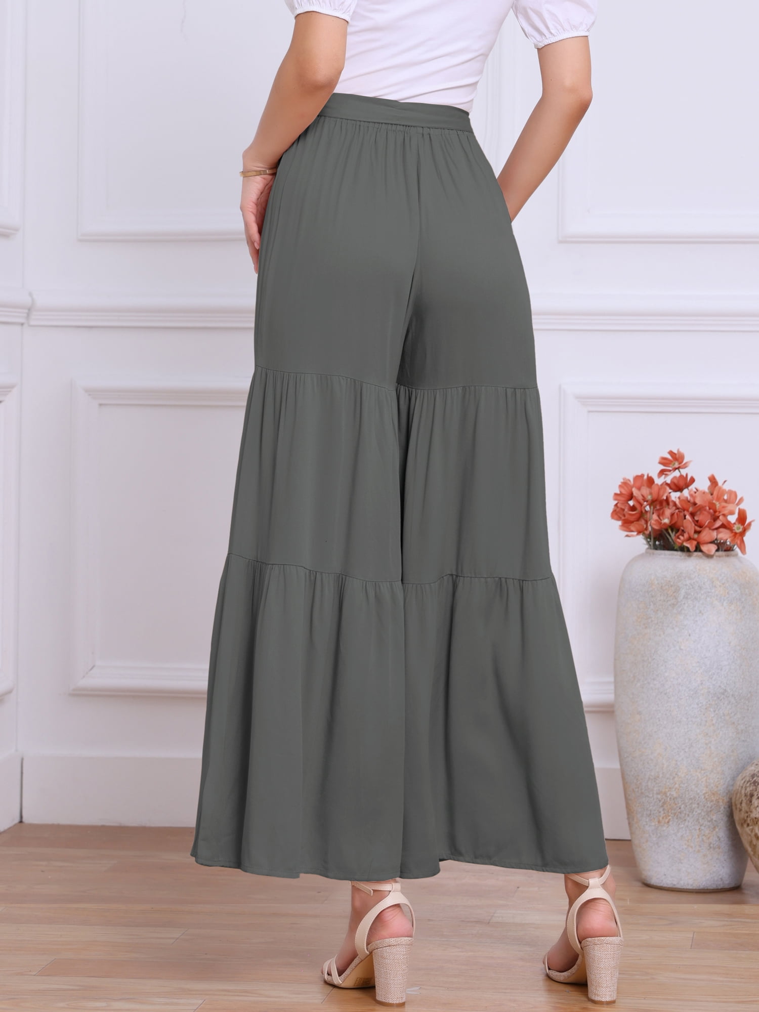 DARING DIVA Women's Boho Elastic High Tie Belt Ruffle Hem Palazzo Pants M Grey