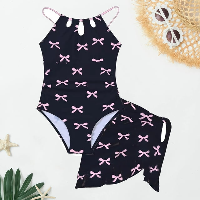 Elegant Girls Swimsuits Bowknot Cute Cut Out Bathing Suit with Mesh Cover Up Beach Pool Wear Two Piece Set
