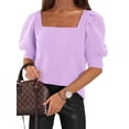 thumbnail image 2 of Solid Square Neck Women's Puff Short Sleeve Sweater Tops Rendy Casual Knit Tops, 2 of 5