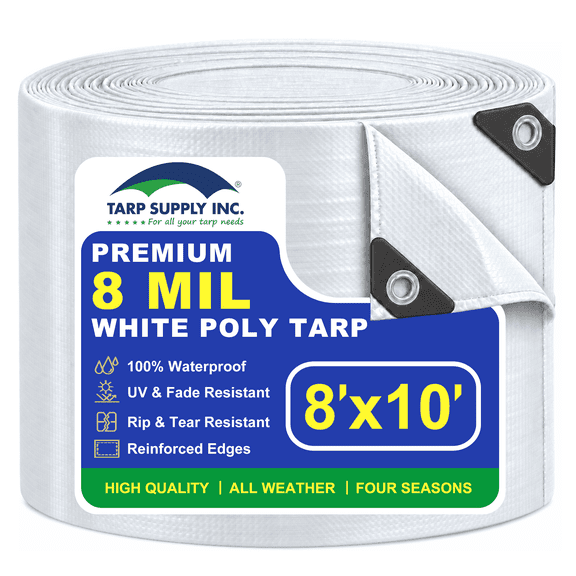 TARP SUPPLY Inc. 8' x 10' White Poly Tarp – 8 Mil Waterproof Tarpaulin with UV Protection | Aluminum Grommets & Reinforced Edges | for Party Tents, Boat Covers, RVs, Farm Use & Outdoor Shelter