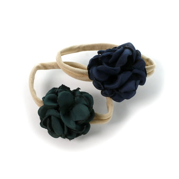My Lello Baby Girl Ruffle Singed Rose Nylon Elastic Headbands Set 2pcs - Small - Hunter Green - Navy Blue