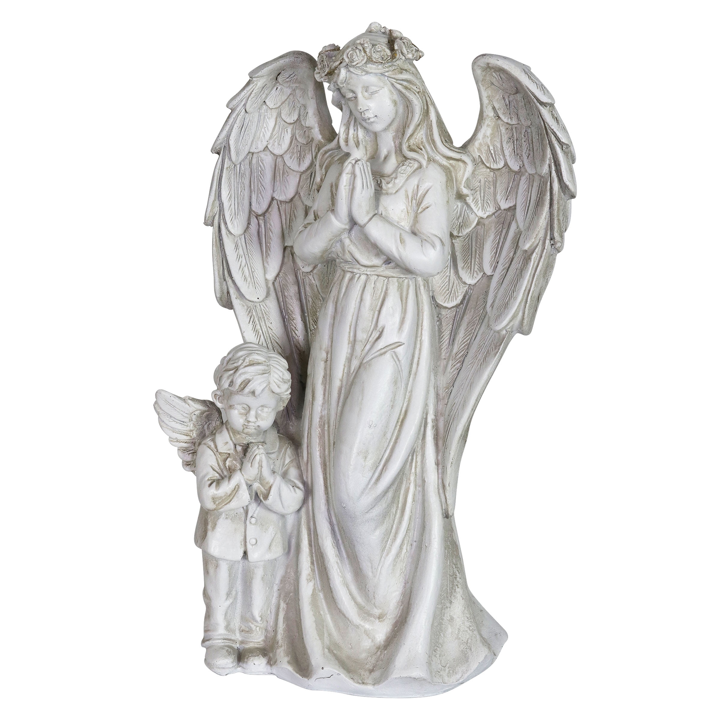 Exhart Angel and Little Boy Angel Resin Garden Statue with LED Halo on