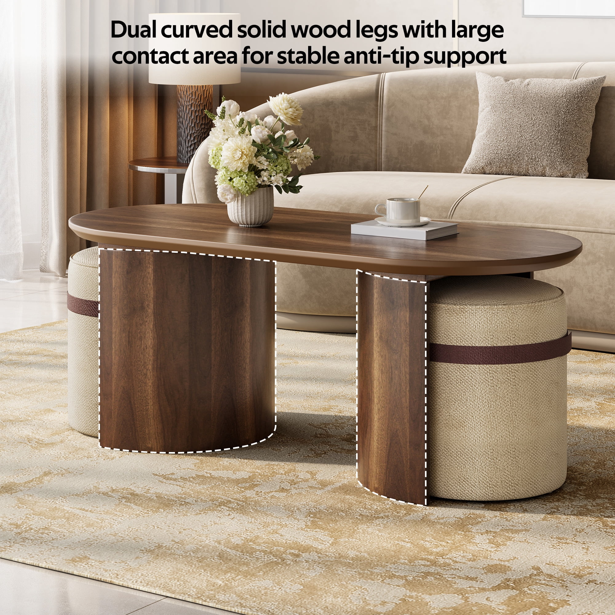 Mintazer Oval Coffee Table Set with 2 Nesting Fabric Stools, Coffee Table with Curved Legs for Small Apartment Living Room, Walnut