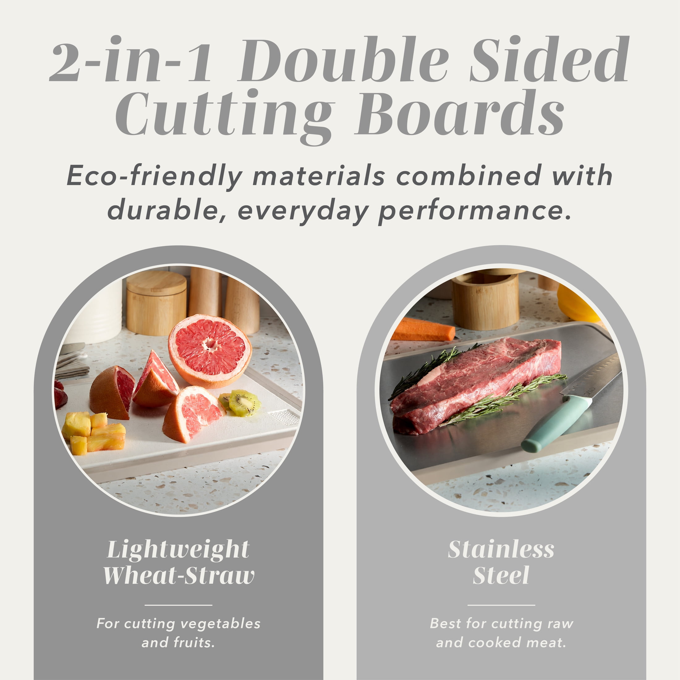 Cook with Color Dual-Sided Grey Cutting Board, Stainless Steel and Wheat Straw
