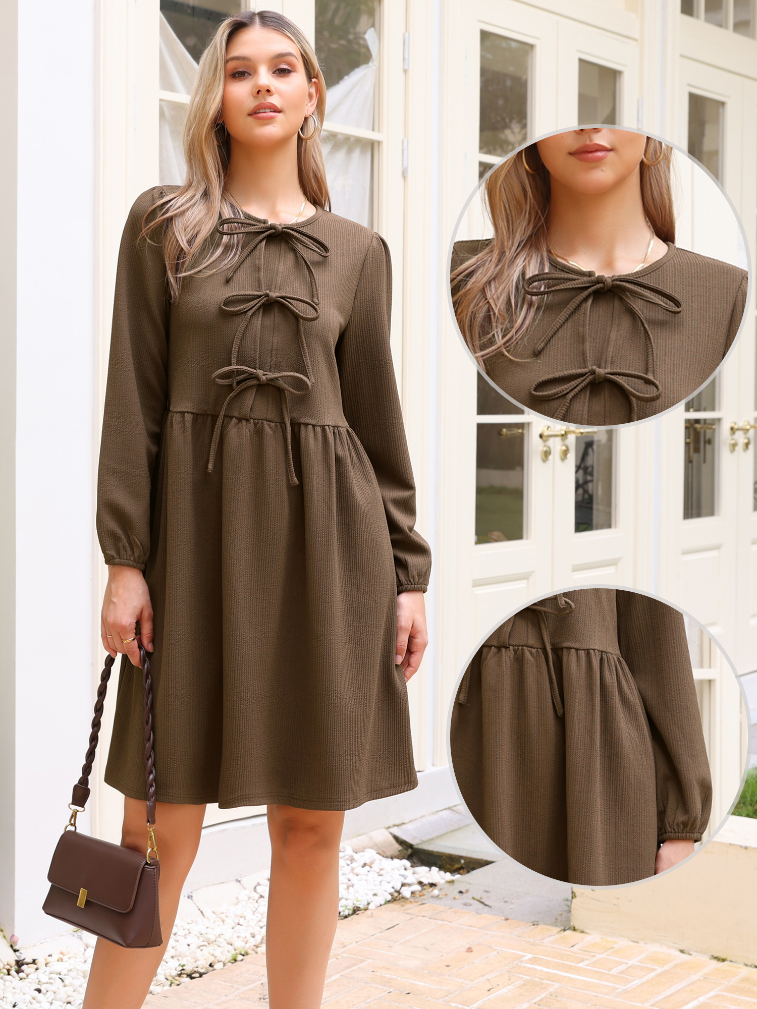 DARING DIVA Women's Fall Long Sleeve Bow Tie Front Cute Tunic Dress M Brown