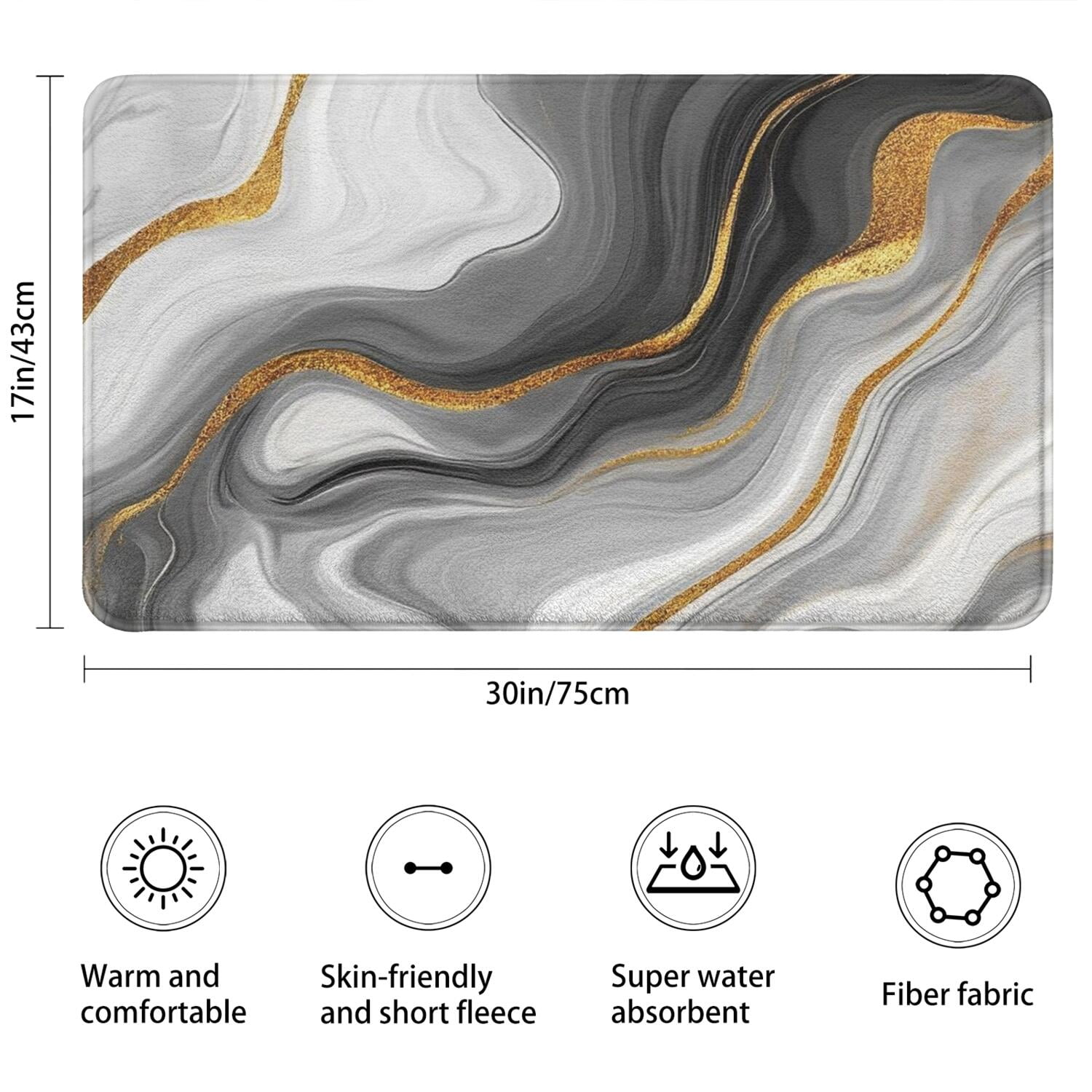 Gray White Gold Marble Pattern Bathroom Rugs Mat,Non Slip Microfiber Bathroom Rug,Rubber Backing,Soft Bathroom Mats for Bathroom Floor,Tub and Shower,17x30in(43x75cm)