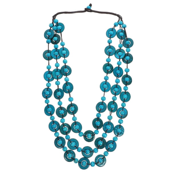 Fashion Coconut Shell Pendant Weaving Necklace Bohemia Style Necklace for Girls Ladies Women (Sky-blue)