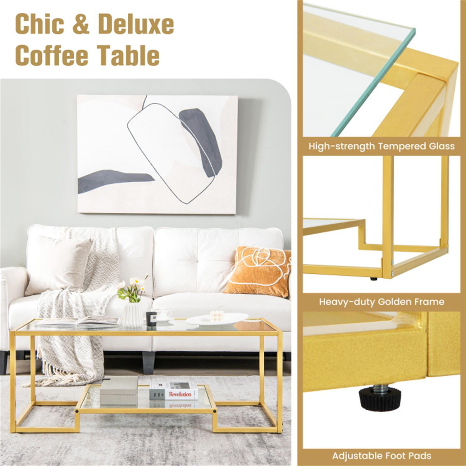 Demi Bonn 3-Piece Coffee Table Set, Modern 2-Tier Rectangular Coffee Table with Glass Table Top & Set of 2 Square Sofa Side Table with Tempered Glass Tabletop, for Living Room, Gold