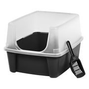 IRIS USA, High Sided Open Top Cat Litter Box with Scoop, Solid Black