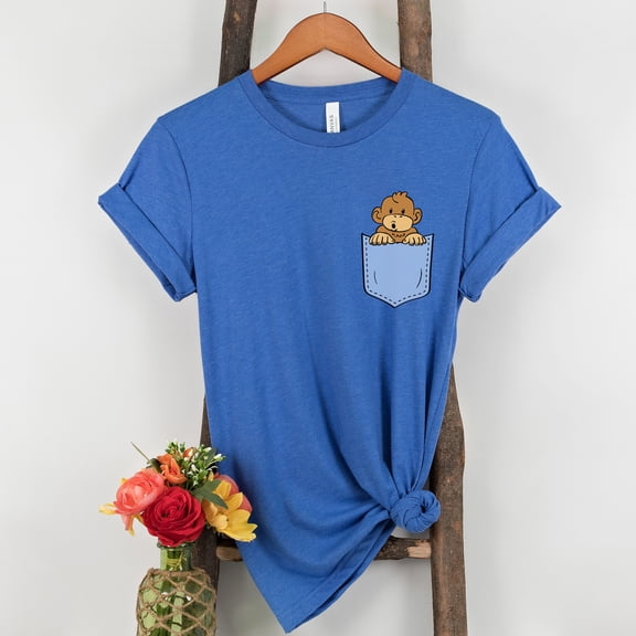 Pocket Peekaboo Monkey Animal Shirt, Monkey Lover, Gift, Cute Pocket Gift for Animal Lover Tee, Animal Graphic Tees, Minimalist Animal Shirt (Colors:Heather True Royal; Sizes:2XL;)