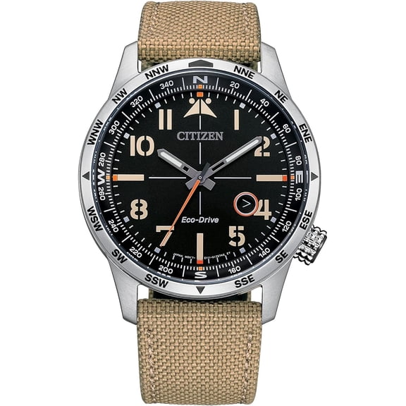 CITIZEN BM7550-01E WEEKENDER AVION FIELD BLACK DIAL KHAKI NYLON STRAP MENS WATCH