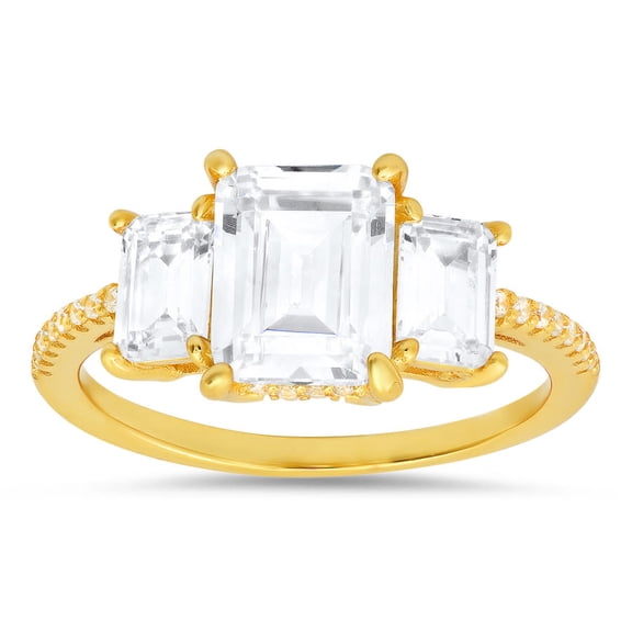 14k Yellow Gold Over Silver 3-Stone Emerald-cut Diamond Cubic Zirconia Ring | Engagement Ring, Wedding Rings for Women