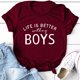 thumbnail image 4 of Camiseta Life Is Better with My Boys Diseño de letras Mangas cortas Sueltas Cuello redondo Casual Mujer Camisetas de verano para exteriores Vino tinto (fuente blanca) M, 4 of 6