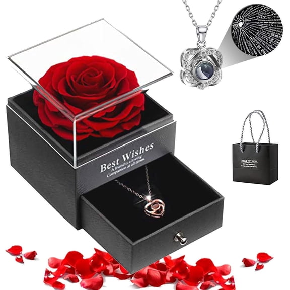 START MAKERS Rose in Gift Box - with "I Love You" in 100 Languages Necklace, Beautiful Home Decor, Forever Flower Gift for Wife, Mom, Girlfriend on Valentine's, Birthday, Anniversary, Mothe