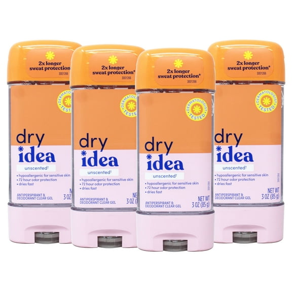 4 Pack Dry Idea Advanced Dry Unscented Antiperspirant & Deodorant Gel 3 Oz Each