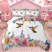 Castle Fairy Animal Hummingbird Butterfly Full Size Comforter Sets 3-Piece for Children Teens Adults,Floral Flowers Blossoms Bedding Comforter Set,Spring Garden Lightweight Bedding Sets