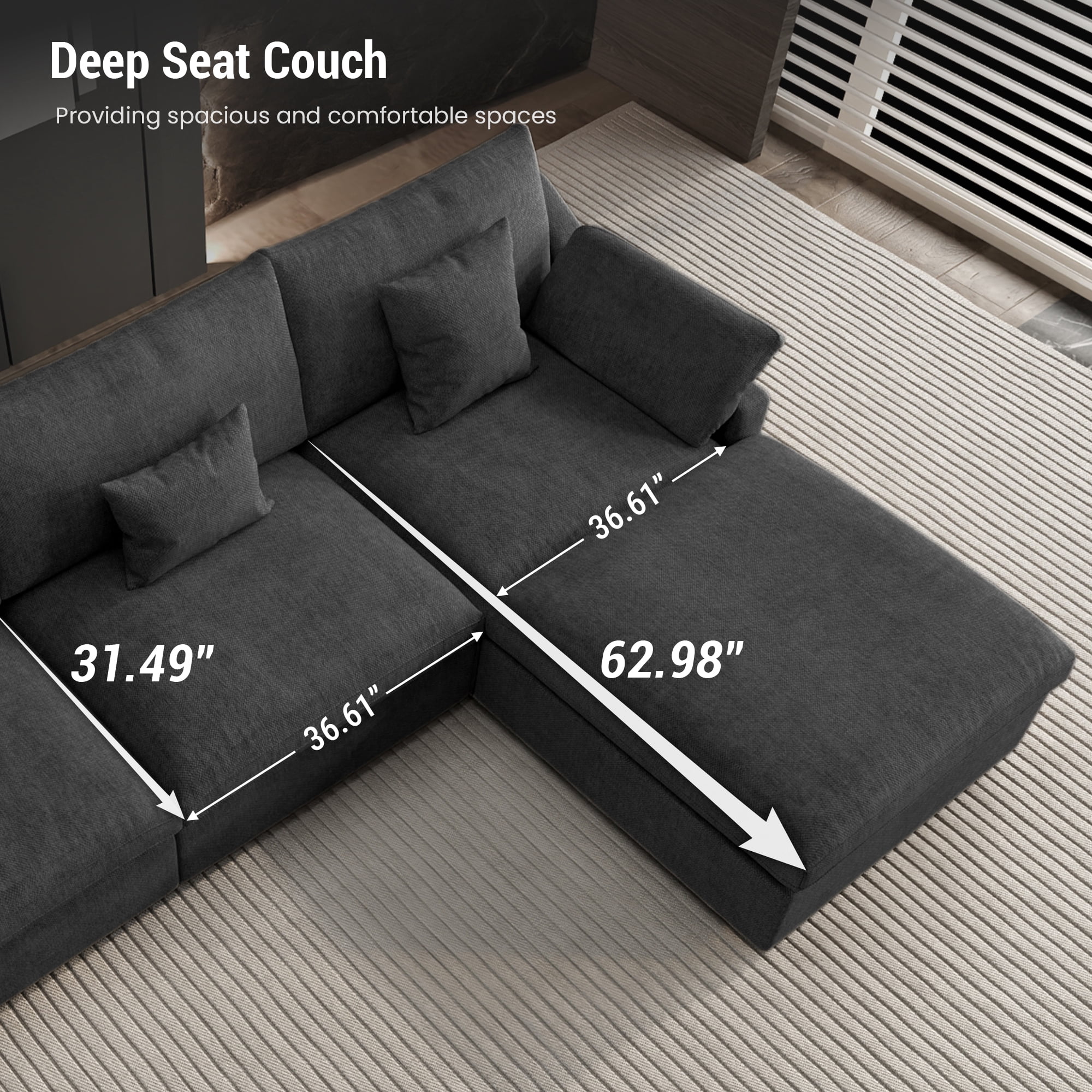 120" Cloud Couch Sectional for Living Room, Down Filled Convertible L Shape Couch with Ottoman,Black