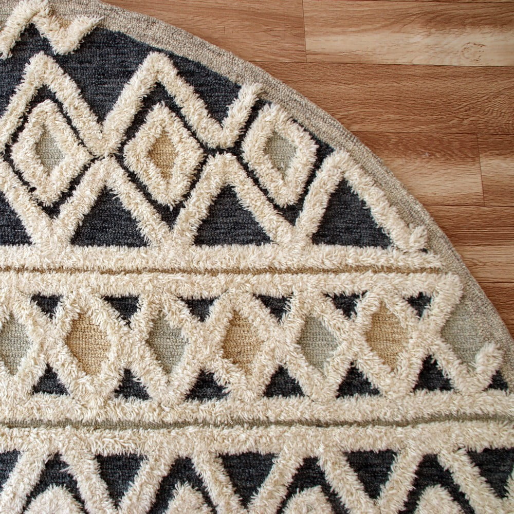 Ox Bay Talia 6' Round Cream/Blue Diamond Striped Wool Indoor Area Rug