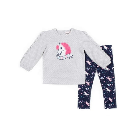 Little Lass Polka Dot Ruffle Unicorn Top and Printed Leggings, 2pc Outfit Set (Baby Girls & Toddler Girls)