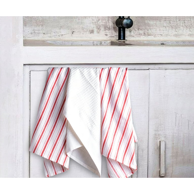 All Cotton and Linen Kitchen Towels, Cotton Dish Towels, Farmhouse Tea Towels, Absorbent Striped Hand Towels Set of 6 18 inchx28 inch (Red/White)