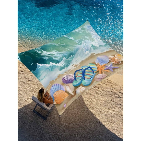 Outdoor Sun Shade Sail 6.5'x10', Summer Nautical Patio Beach Shade Canopy Cloth Waterproof, Ocean Beach Flip Flops Shells Waves Green TearResistant & UV Protection Sun Sail for Backyard Garden Deck