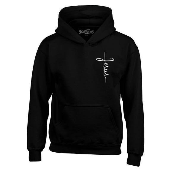 Shop4Ever Men's Jesus Cross Cursive Script Small Hooded Sweatshirt Hoodie XXXXX-Large Black