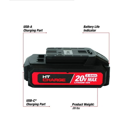 Hyper Tough 20-Volt Max Lithium-Ion 2.0Ah Battery Pack with USB-a and USB-c Ports