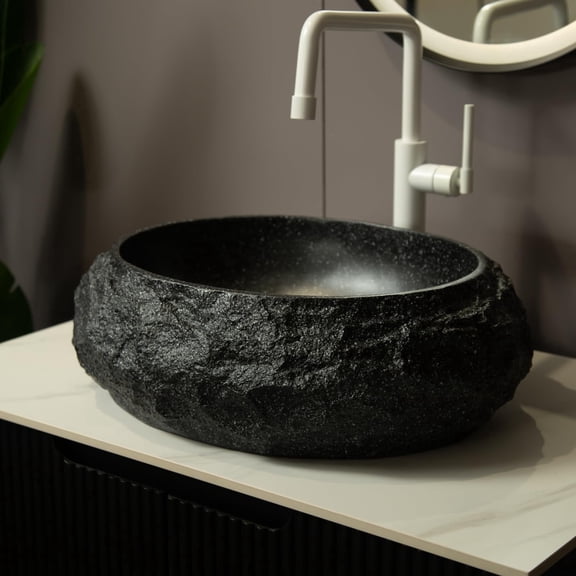 18 Inch Irregular Oval Resin Bathroom Vessel Sink – Stone Pattern, Artistic Style,Black