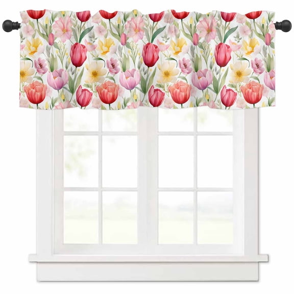 Hokiten Rod Pocket Curtain Valance, Spring Tulip Farmhouse Window Valance for Living Room, Bedroom, Kitchen Summer Floral Botanical Elegant 54"W x 18"L