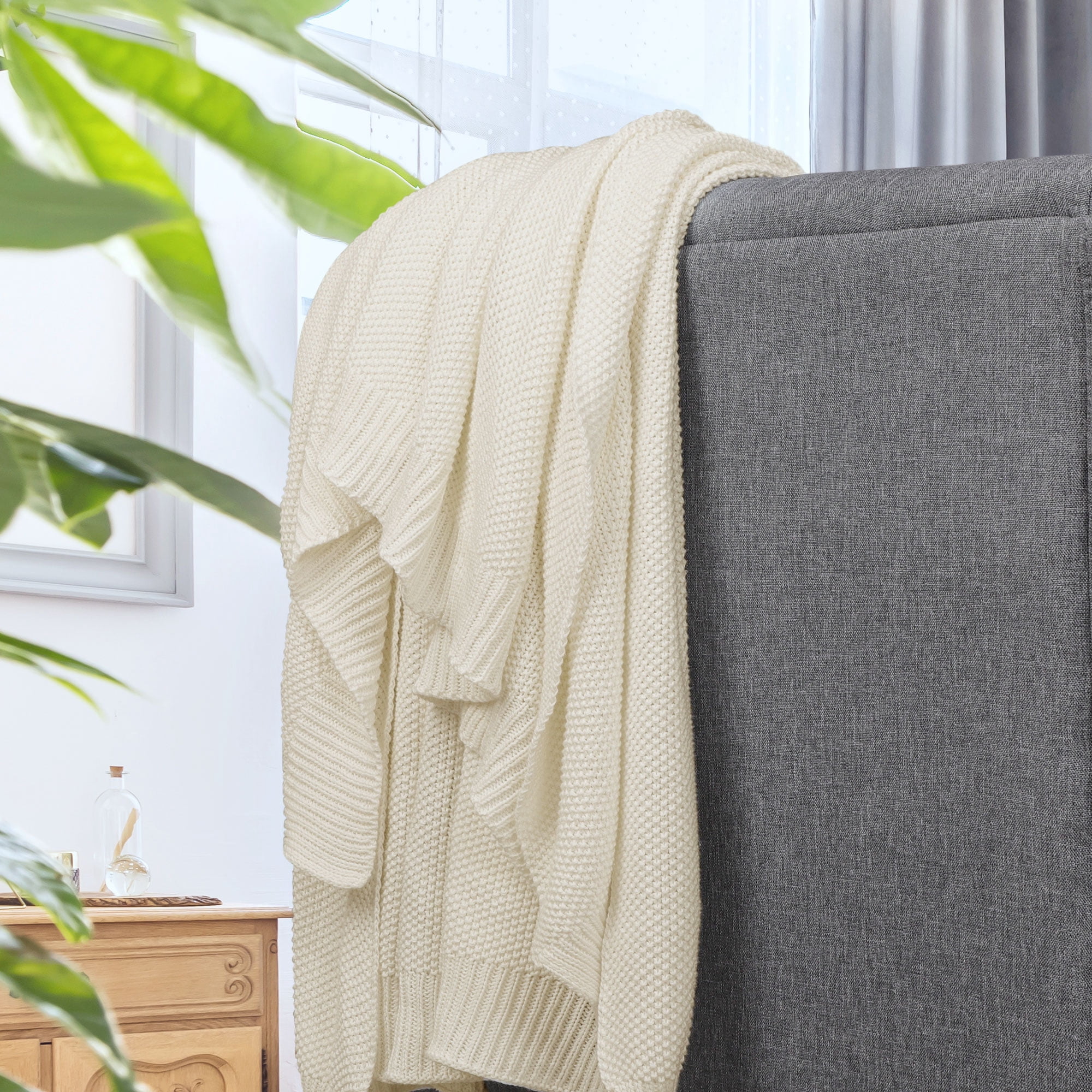 Unique Bargains Pure Cotton Soft Cable Knit Throw Blanket Beige 51" x 59"