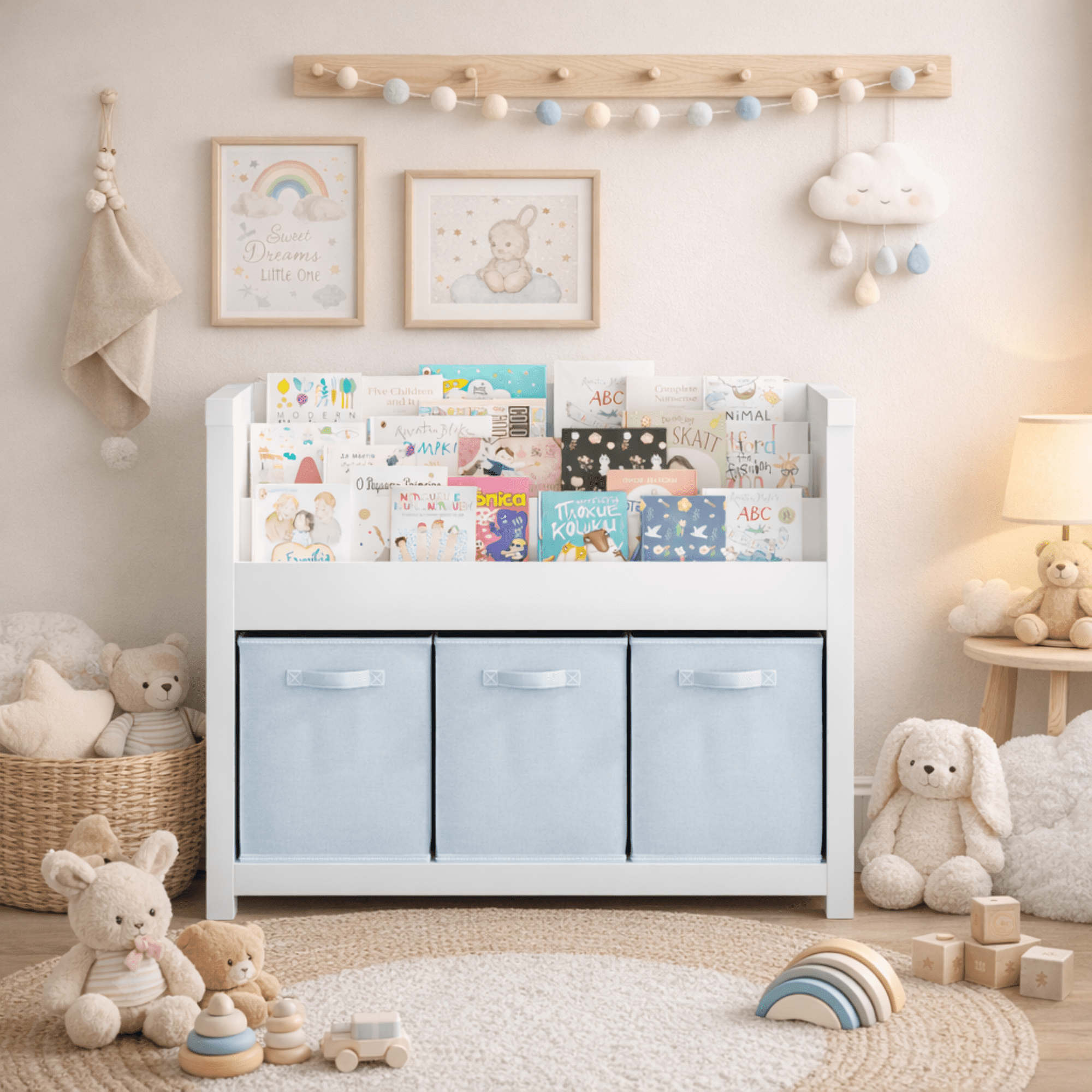 Wooden Kids Bookshelf with 3 Front-Facing Tiers and 3 Fabric Bins, MDF Book Organizer for Books Toys, Storage Bookcase for Playroom Nursery Bedroom
