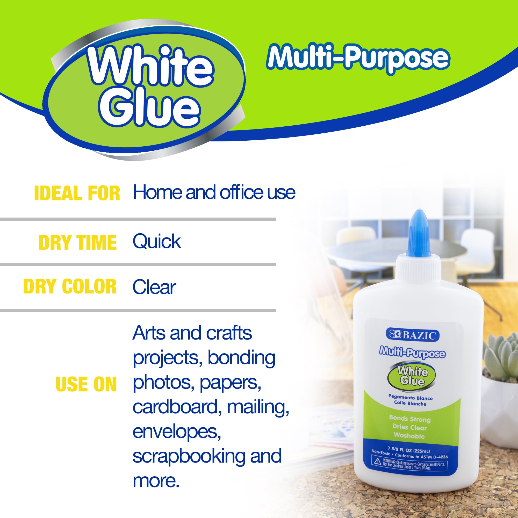 BAZIC Jumbo White Glue 7.62Oz (225 ml), Adhesive Bond Slime Making, 24-Pack