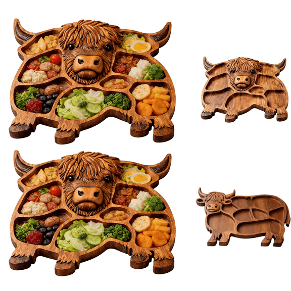 Highland Cow Charcuterie Board, Solid Wood Cheese & Serving Board with 3D Carved Design, Farmhouse Wooden Charcuterie Board for Meats, Cheese & Snacks, Housewarming Gift (A-2pcs)