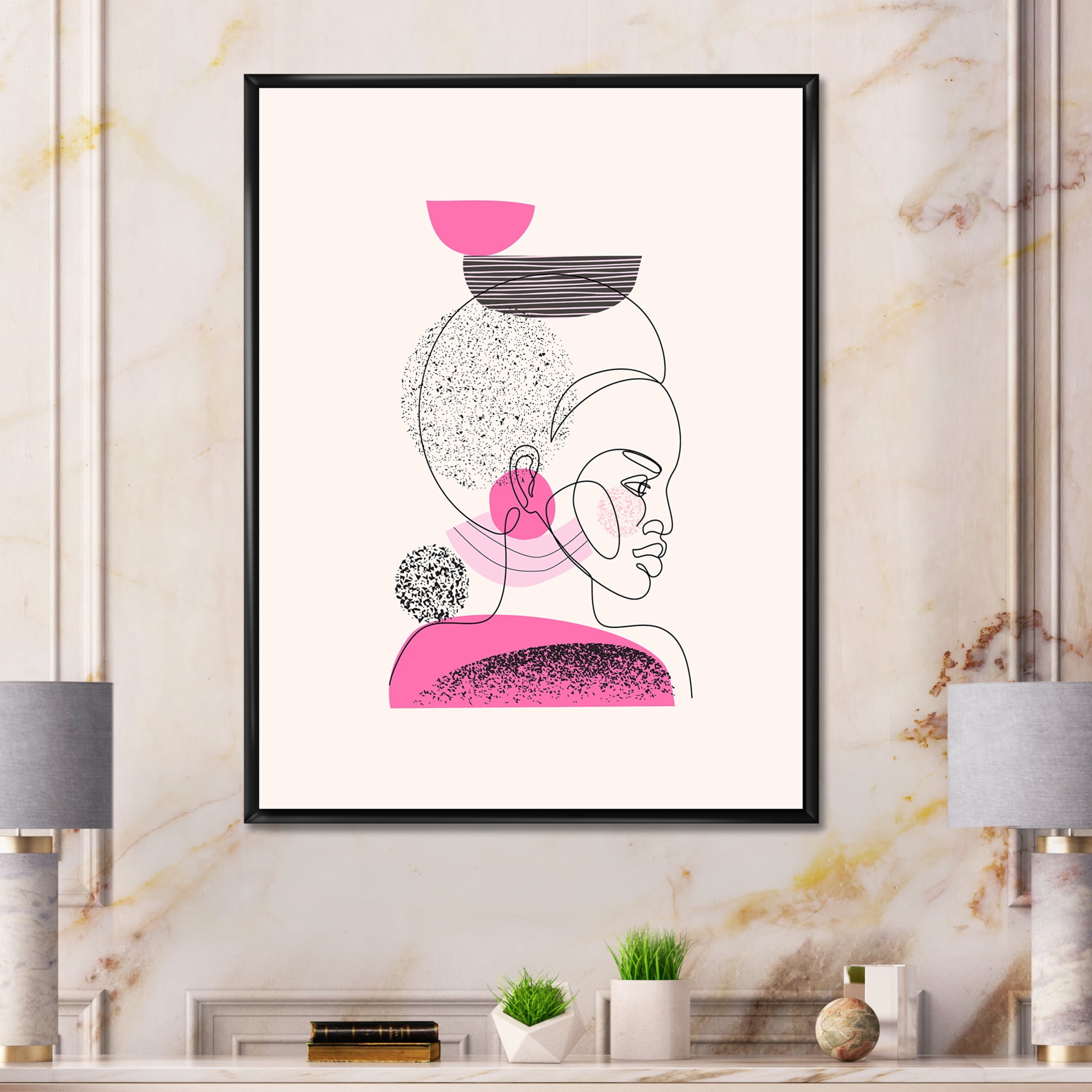 Designart 'One Line Portrait of Afro American Women V' Modern Framed Canvas Wall Art Print