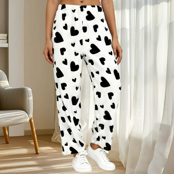 Abomasnow Flannel Pajama Pants for Women Soft Wide Leg Fuzzy Pj Pants Winter Heart Print Warm Fleece Pjs Bottom Sweatpants