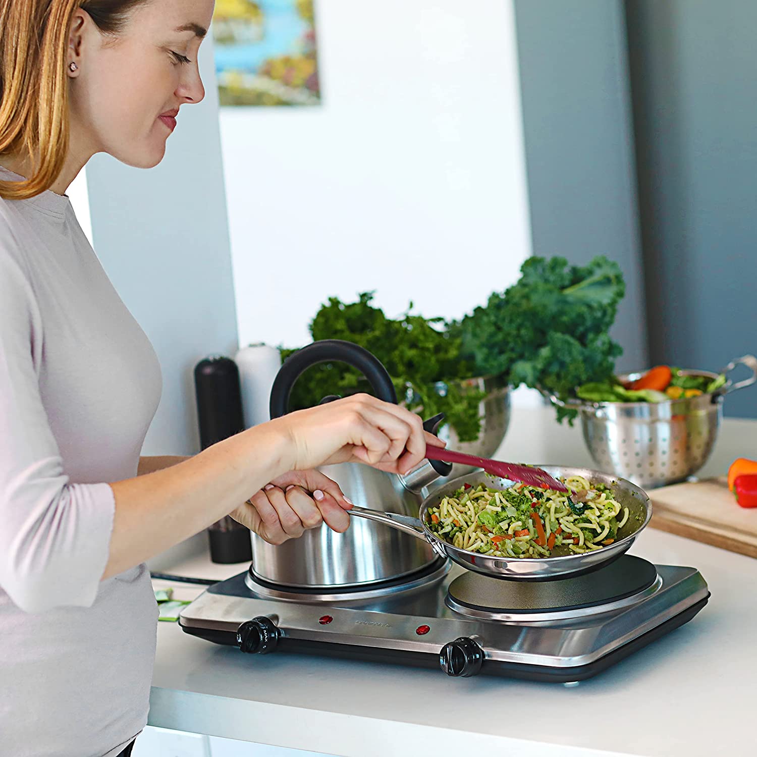 Countertop Infrared Double Burner, 1500W Electric Hot Plate with 7.5" Ceramic Glass Cooktop, 6 Level Temperature Control, Silver