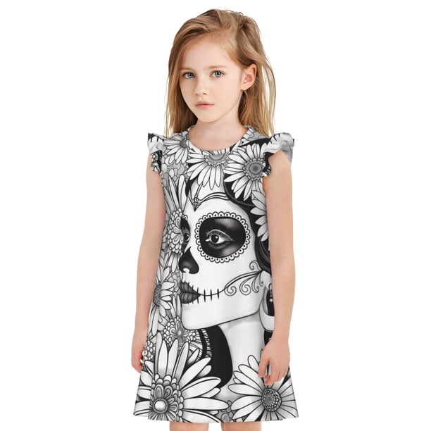 Balery Floral Sugar Skull Portrait Camisón de princesa para niñas, pijama de algodón con mangas abullonadas, suave y bonito.-XX-Large