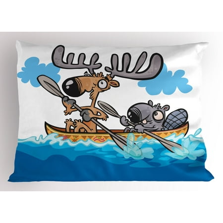 - Moose Pillow Sham American Animals Boat Beaver Friend Canoe River Fun Native Characters Cartoon, Decorative Standard Queen Size Printed Pillowcase, 30 X 20 Inches, Blue White Brown, by Ambesonne