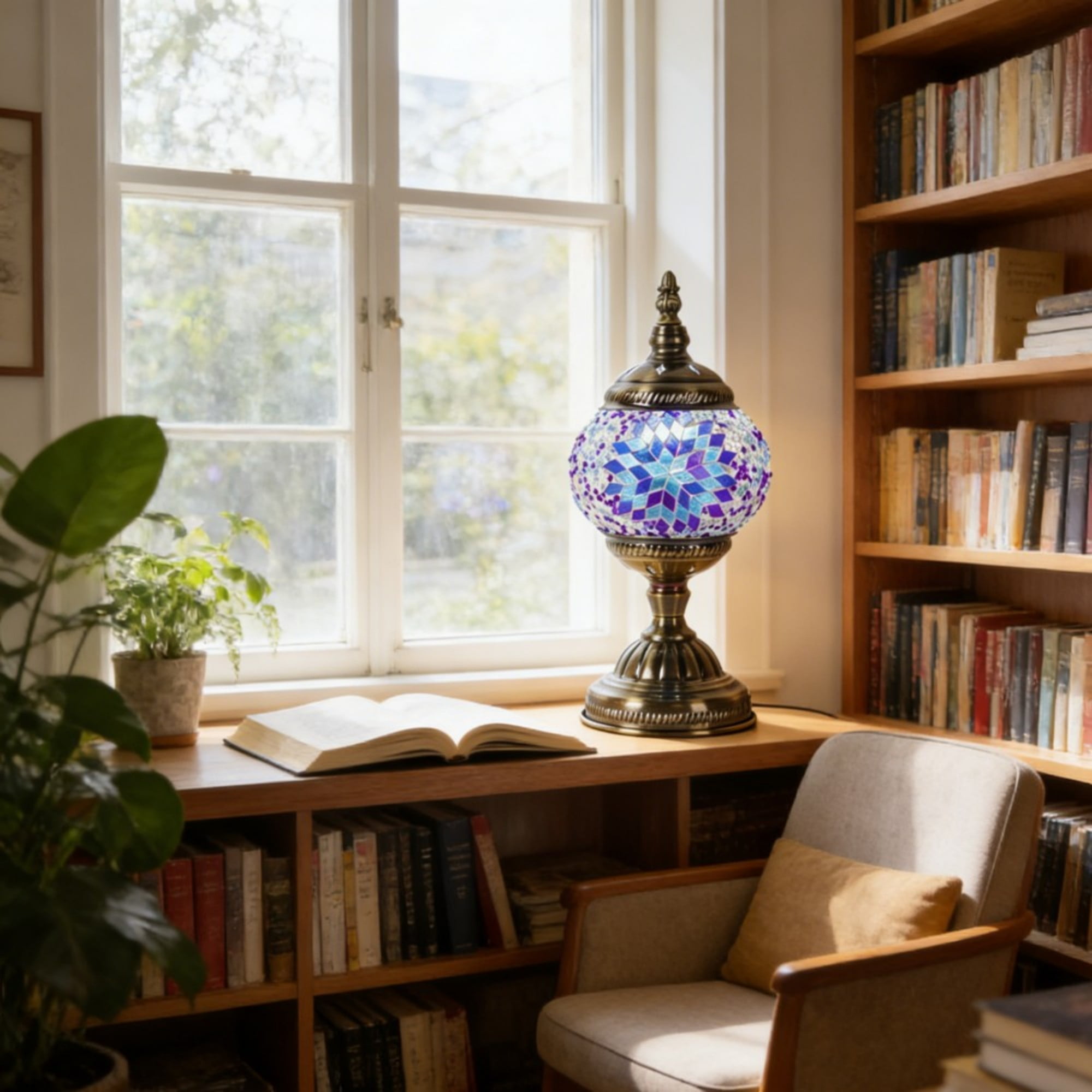 Turkish Lamp, Mosaic Table Lamp, Antique Moroccan Decorative Glass Bohemian Vintage Lamp Shade, Small Desk Tiffany Bedside Stained Glass Lamp with US Plug and E12 Socket