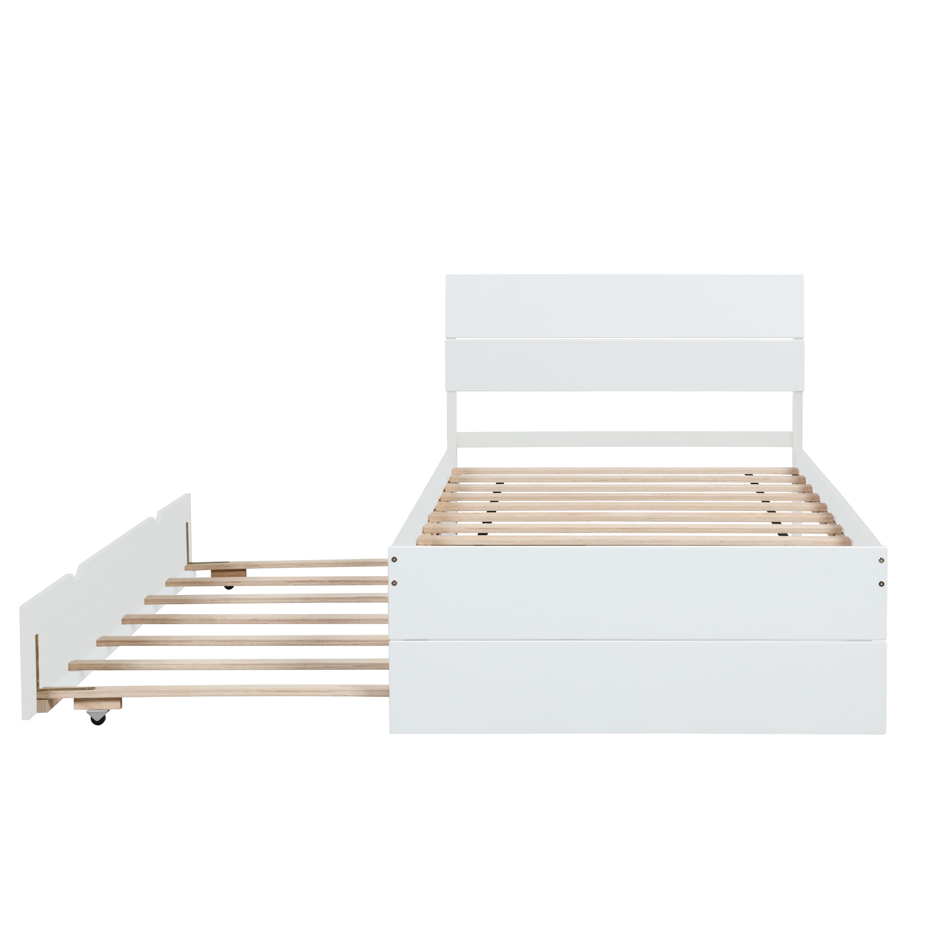 Miniyam Twin Size Platform Bed Frame with Trundle for Kids and Teens, Space-Saving, White