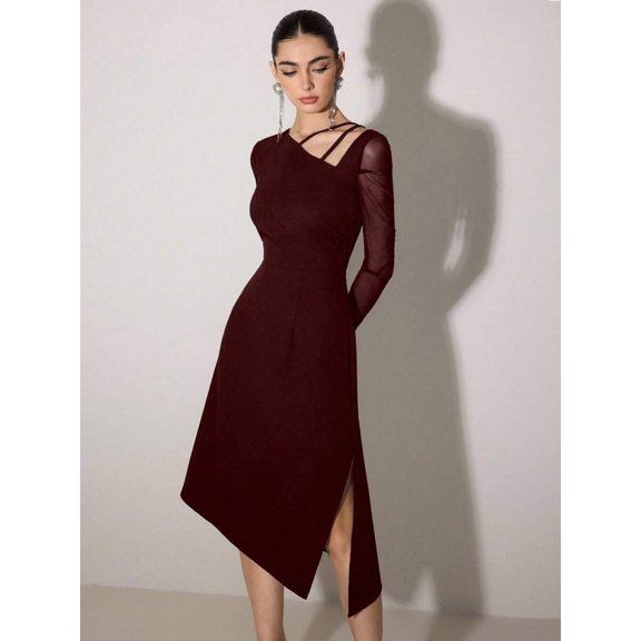 Burgundy Womens Asymmetric Cold-Shoulder Elegant Formal Midi Dress, Slim Fit Cocktail Party Gown