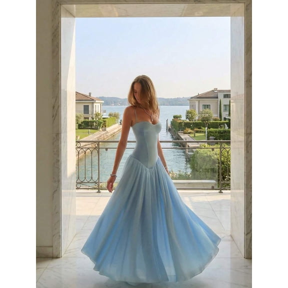 Elegant Blue Ball Gown Dress With Spaghetti Straps And Pleated Skirt For Wedding Guest Or Formal Event