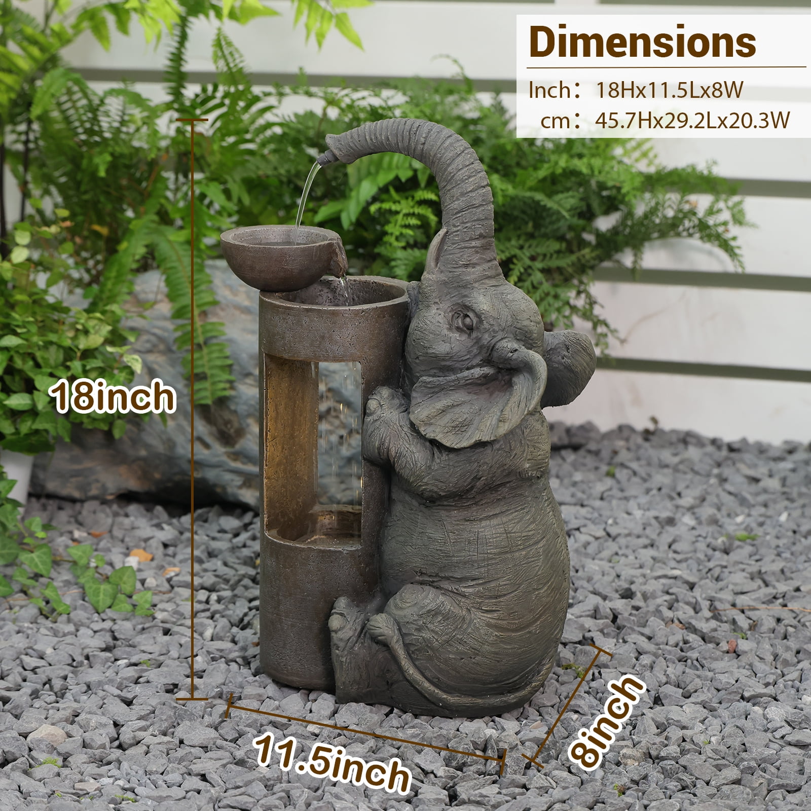 Elephant Waterfall Fountain for Indoor Desktop & Outdoor Use Small Garden Water Feature with LED Light Quiet Mini Cute Table Water Fountains for Patio, Yard, Home Decor