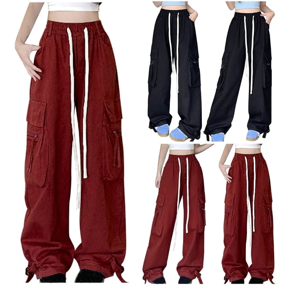 HAPIMO Women's High Waist Straight Leg Pants Loose Cargos Pants for Girls Fall Business Twill Sweatpants Drawstring Teens Workout Casual Trousers Pockets Zipper Spring Black L