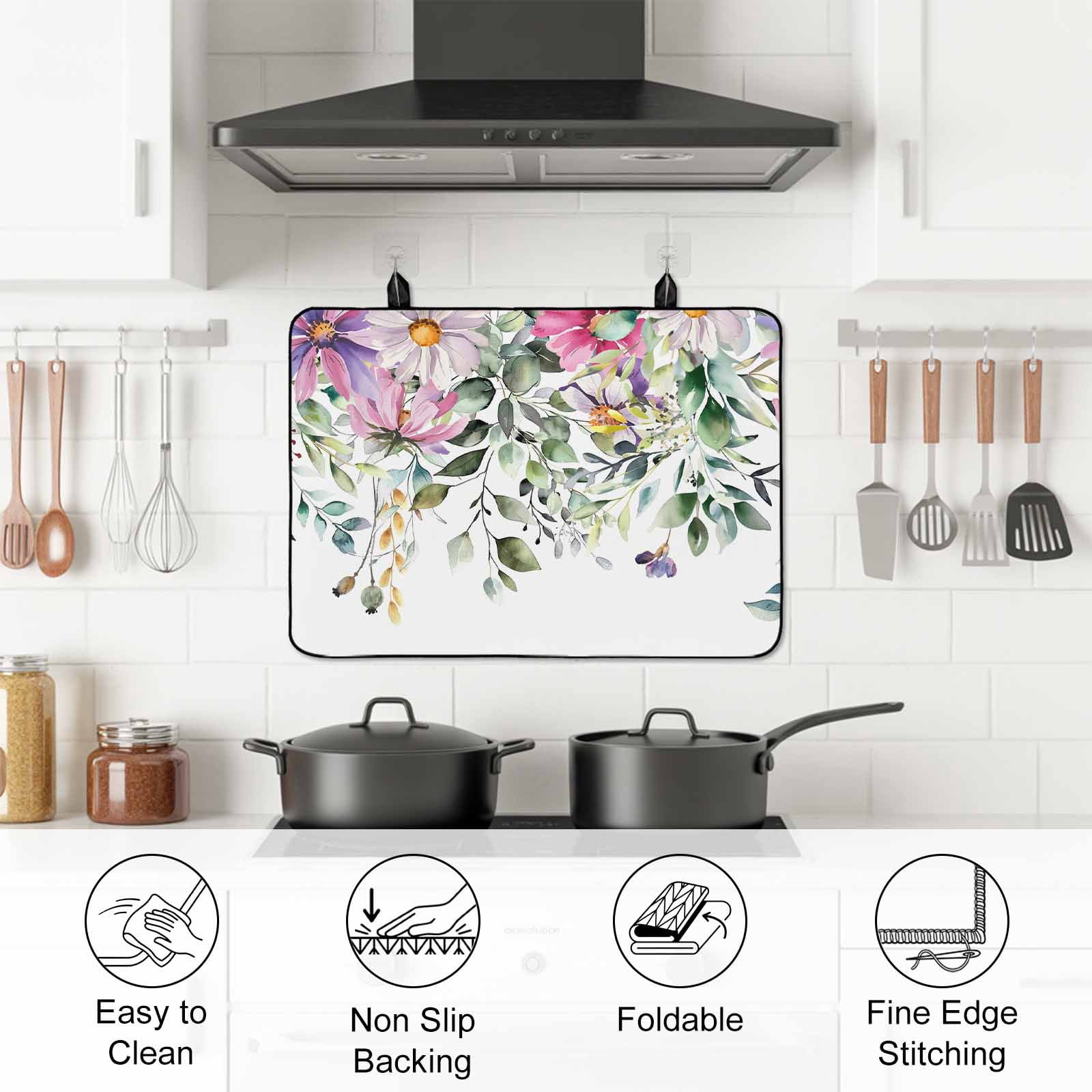 Eucalyptus Flower Stove Top Cover for Electric Stove, Heat-proof & Non Slip Glass Top Stove Cover Protector, Sage Green Botanical Boho Leaf Pink Kitchen Flat Cooktop Rubber Mat 24x21 Inches
