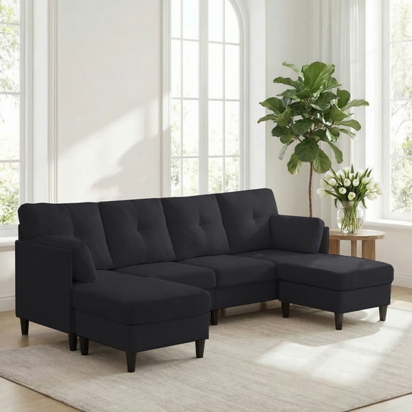Mjkone U-Shaped Sectional Sofa,Ice Velvet Couch with Double Ottomans,4 Seat Sectional Sofa for Living Room,Dark Gray