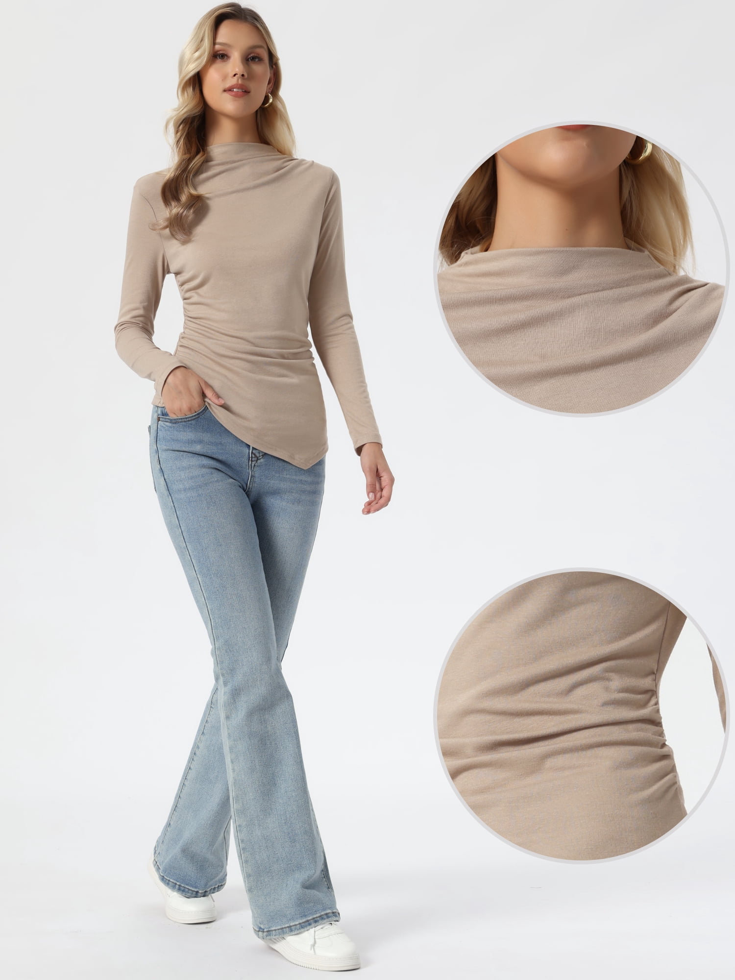 DARING DIVA Women's Pleated Mock Neck Long Sleeves Cozy Fitted Top L Camel