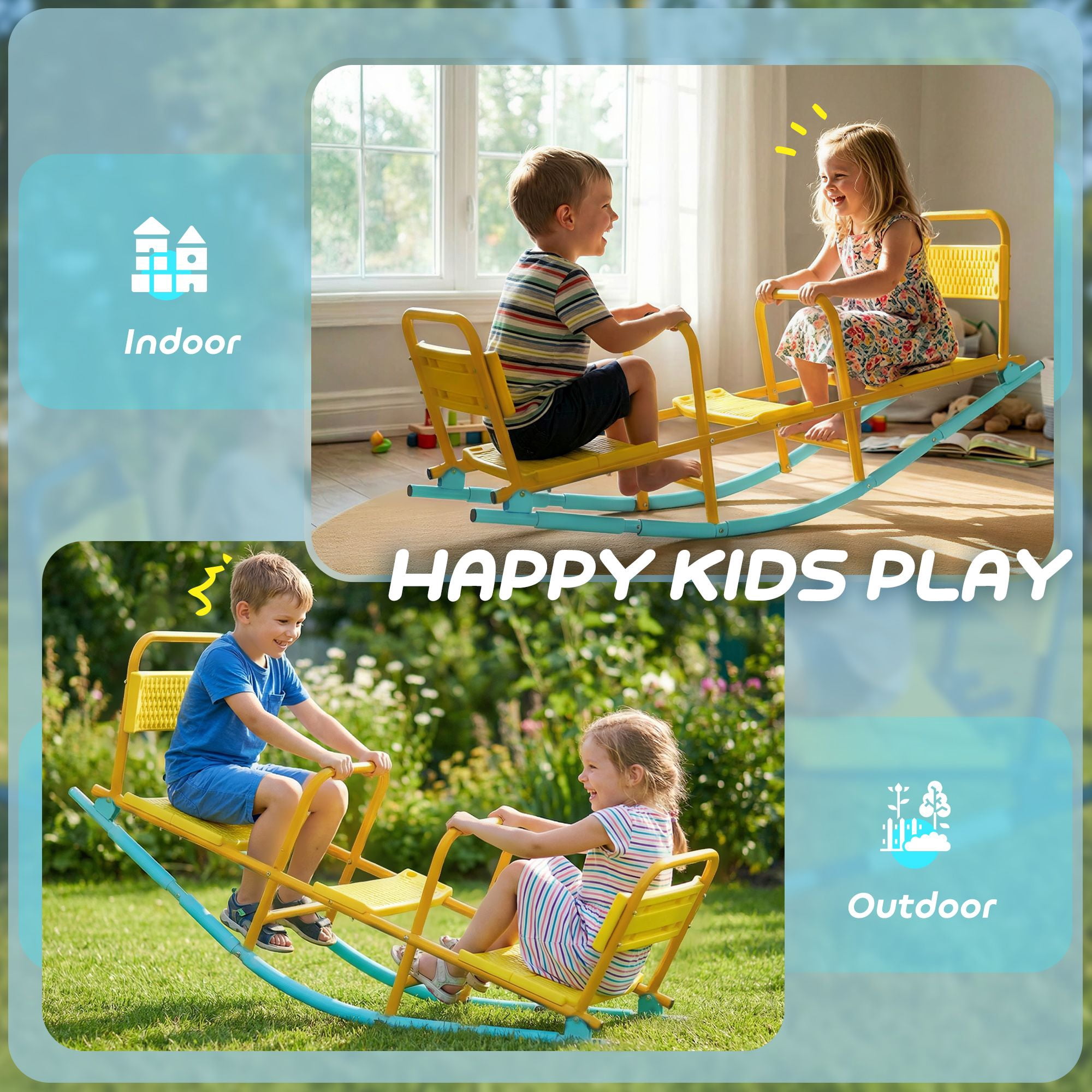 Dual Motion Kids Teeter Totter with Rocking Base, Heavy Duty Steel Frame Seesaw with Backrests Handrails Holds 220lbs, Indoor Outdoor Play Equipment for Children Ages 3-8
