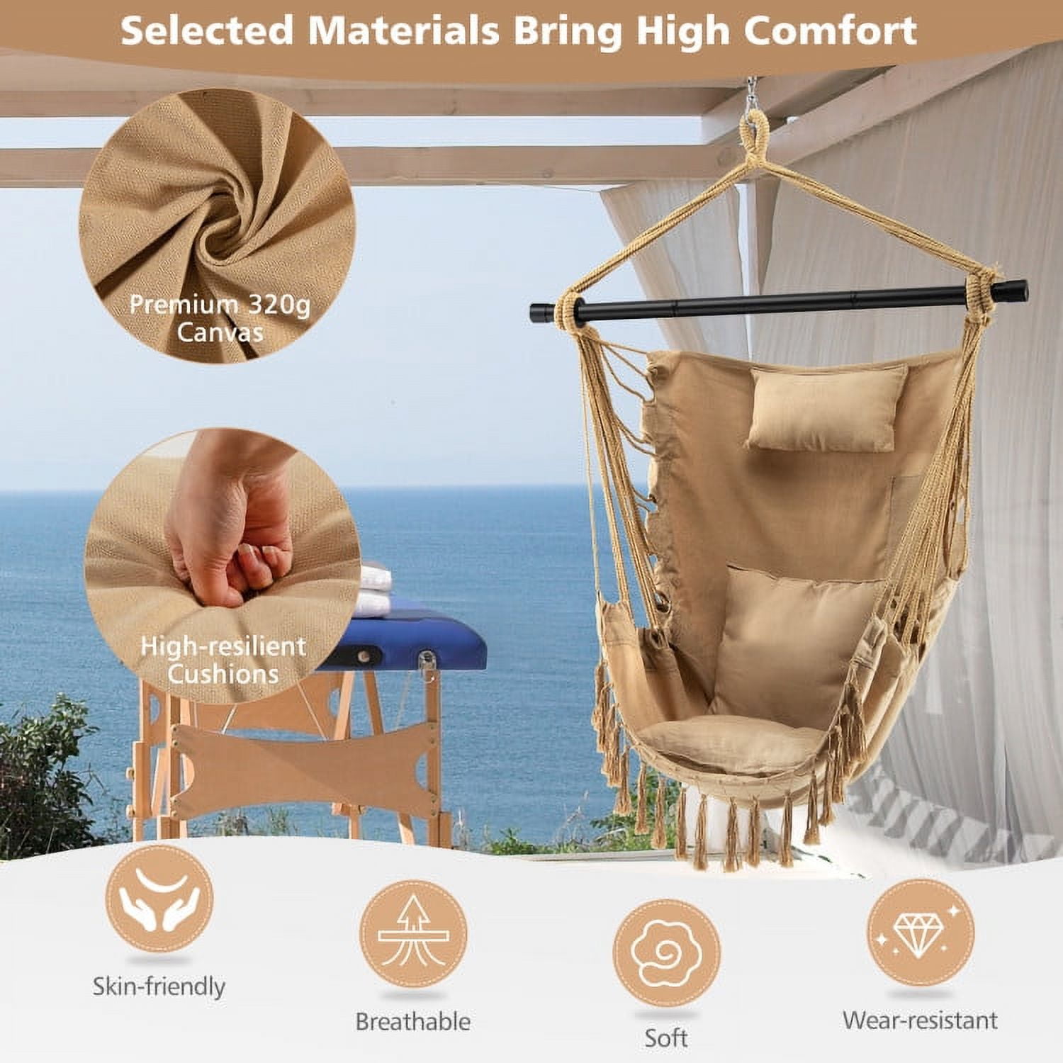 Aimee Lii Hanging Rope Swing Chair with Soft Pillow and Cushions, Comfy Outdoor Chair, Beige