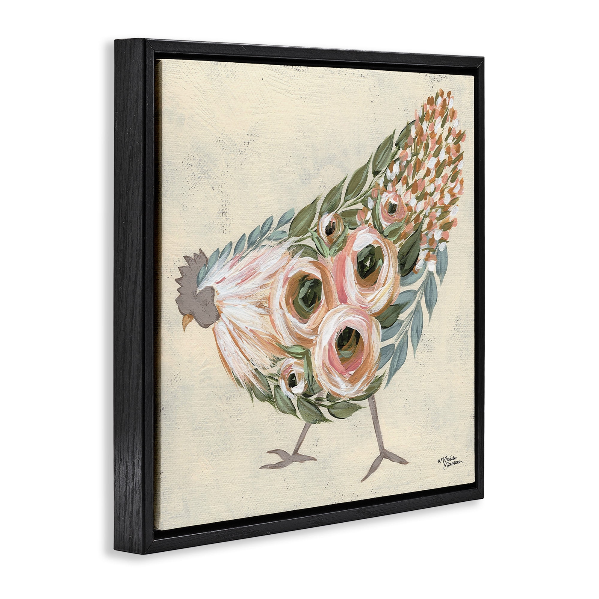 Stupell Industries Vintage Chicken with Floral Body Animals & Insects Painting Black Floater Framed Canvas Art Print Wall Art, 18 x 18